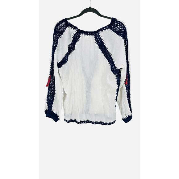 Anna Kosturova hand made oversized crochet trim tunic top white navy SZ Small - Picture 2 of 8